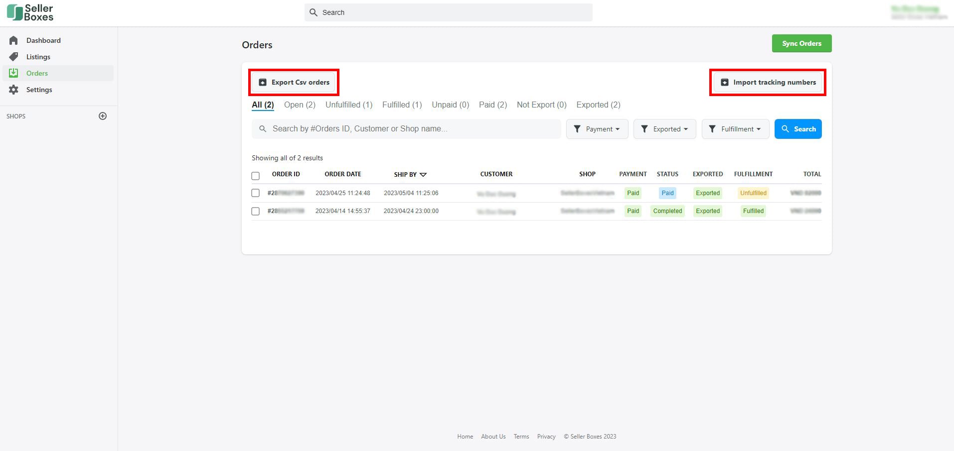 SellerBoxes Orders screen showing synced Etsy orders with Export and Import buttons